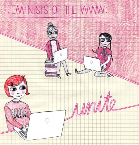 Drei Bloggerinnen mit weißen Laptops auf denen der Venusspiegel prangt, darum der Slogan - Feminists of the WWW: unite