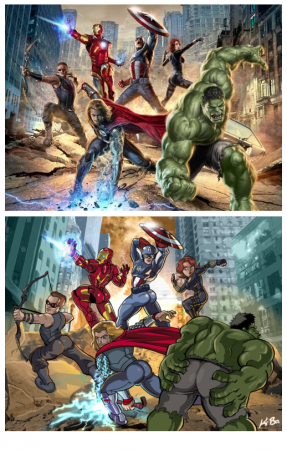 Oben das offzielle Plakat von The Avengers, unten die Parodie in der alle Superhelden ihren Hintern präsentieren