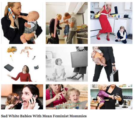 Neun Bilder mit weinenden Babies und überforderten weißen Müttern in schicker Arbeitskleidung.