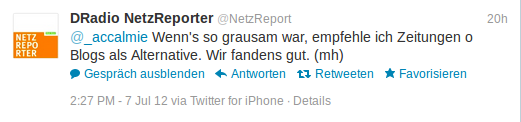 @_accalmie Wenn's so grausam war, empfehle ich Zeitungen o Blogs als Alternative. Wir fandens gut. (mh)